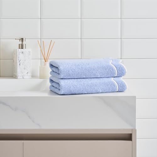 Peri Home 2 Piece Cotton Bath Towel Set, Embroidered, Blue, White Scallop - color: Blue With White Scallop, size: 2 Bath Towel