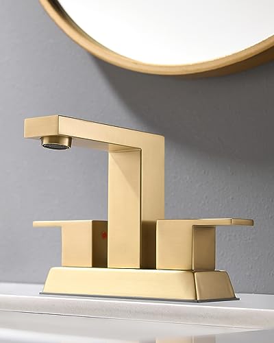Tohlar Brushed Gold 2 Handle 4 Inch Centerset Bathroom Faucet with Pop Up Drain and 2 Lead-Free Hoses - color: Brushed Gold