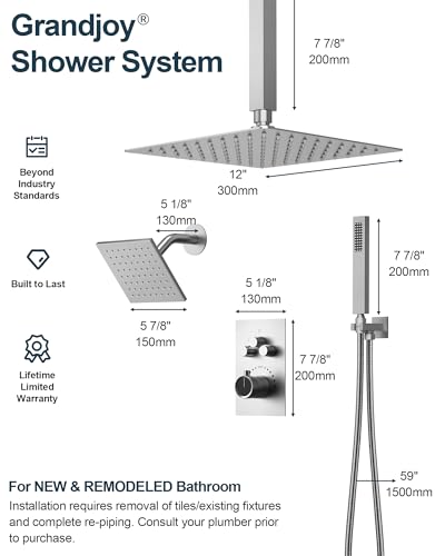 Shower Faucet Set with Handheld Spray, Brushed Nickel | 12" Ceiling Mount SUS304 Rainfall Shower Head System, 6" Side Head, 3-Function Thermostatic Valve Trim Kit, All Metal - color: Brushed Nickel