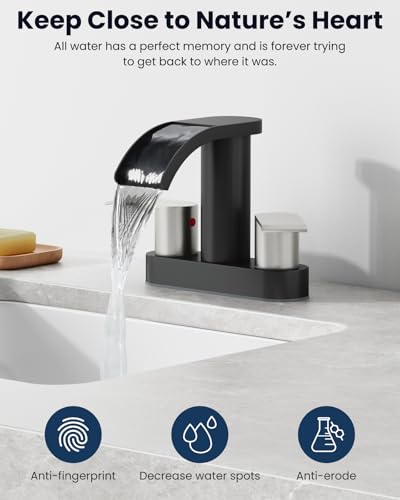 gotonovo 4’’ Centerset Bathroom Sink Faucet Waterfall Black&Brushed Nickel | SUS304 Bathroom Faucet,2.17’’ Wide Spout,24’’ cUPC Water Line,Pop up Drain,2 Handle,Basin,Vanity,RV,Lavatory 2 or 3 Hole Sink - color: Black&Nickel