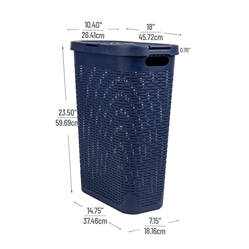 Mind Reader Slim Laundry Hamper with Lid, 40L Clothes Basket, Narrow Tapered Design with Ventilated Cutout Pattern, Plastic, Navy - color: Navy, size: Single