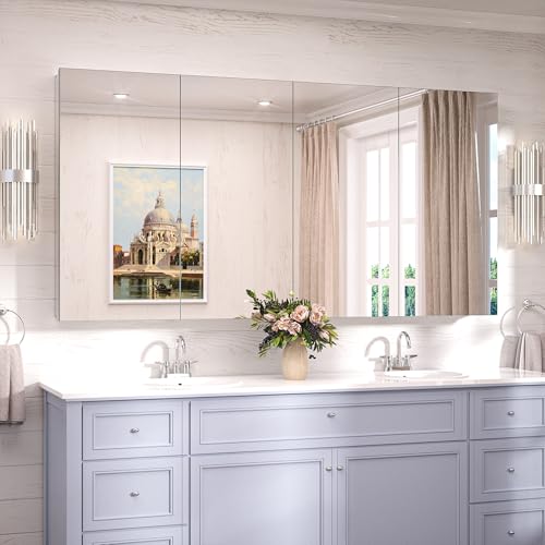 TokeShimi 64x32 Bathroom Medicine Cabinet with Mirror Tempered, Aluminum Silver Mirrored Medicine Cabinet Recessed or Surface Mount with Adjustable Storage Metal for Modern Farmhouse - color: Silver, size: 64x32 in