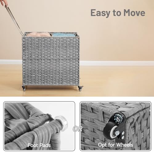Laundry Hamper with Wheels, 34.3 Gallon(130L) Rolling Laundry Basket with Lid, Removable Large 2 Color Liners & 3 Mesh Laundry Bags, Clothes Hamper with Side Pocket, Grey - color: Grey, size: 23.62"L x 15.75"W x 21.65"H