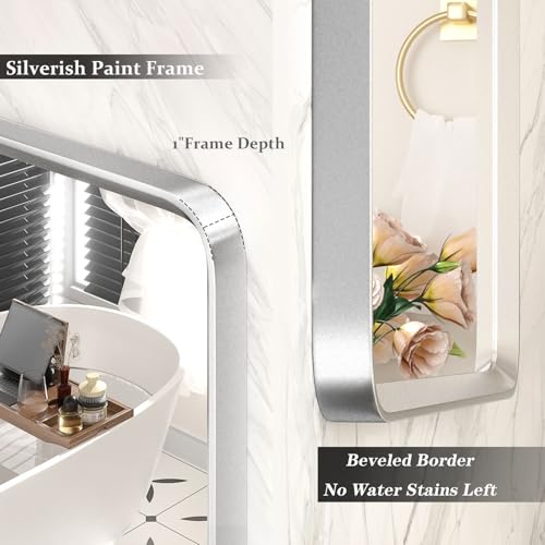 24x32 Silver Bathroom Mirror, Silver Vanity Mirror for Wall, Rounded Rectangle Mirror with Beveled Border, Anti-Rust, Polished, Shatterproof (Horizontal/Vertical) | Silver Metal Framed Mirror, Rounded Rectangle, Beveled Border, Anti-Rust, Painted, Shatter