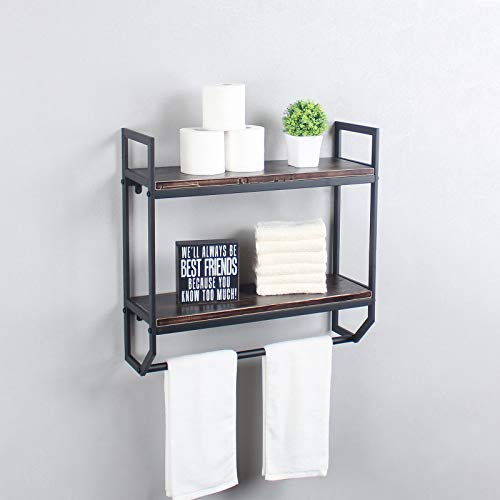 2-Tier Metal Industrial 23.6" Bathroom Shelves Wall Mounted,Rustic Wall Shelf Over Toilet,Towel Rack with Towel Bar,Utility Storage Shelf Rack, Floating Shelves Towel Holder,Retro Black - color: A