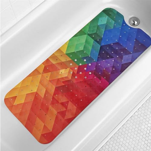 Bathtub Mat Non Slip 40x16 Inch Extra Long Bath Mat, Rainbow Shower Mat Non Slip Bath Mat for Tub Anti Slip with Large Drain Holes and Suction Cups, Modern Art Design Bathroom Mat for Bathroom Decor - color: Rainbow Plaid, size: 40" x 16" (Rectangular)