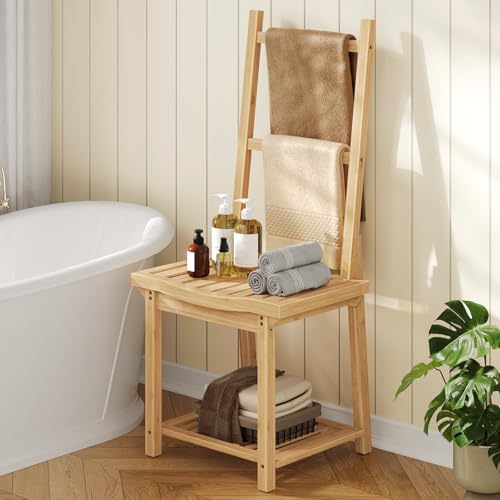 HOOBRO Freestanding Towel Rack for Bathroom, Bamboo Blanket Rack, Quilt Display Stand with Storage Shelf, Towel Rack for Living Room, Bedroom, Decorative Display Ladder Shelf, Natural YL101CJ01
