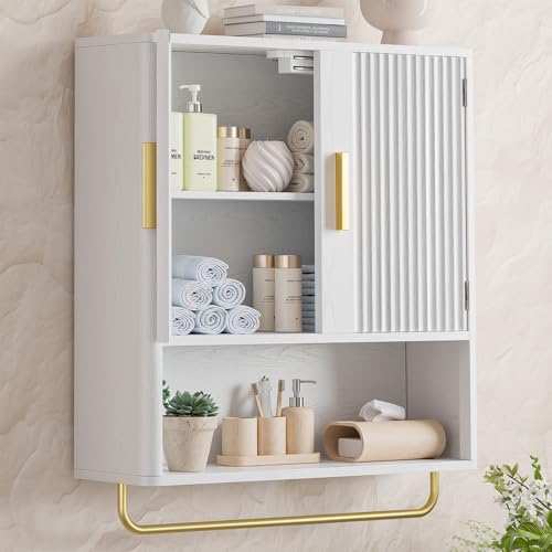 Bathroom Wall Cabinet, Medicine Cabinet with Fluted Door & Adjustable Shelf | Over The Toilet Storage Cabinet with Towel Bar, Space-Saving Cabinet Wall Mount for Laundry Room, Kitchen, Living Room - color: White
