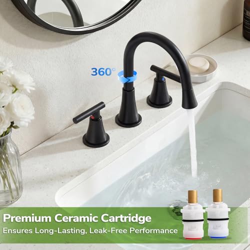 8 Inch Pull Out Sprayer Bathroom Faucet 3 Hole, Widespread 2 Handle Sink Faucet with Pop Up Drain and Supply Lines, Stainless Steel for Vanity, RV, Matte Black - color: Matte Black, size: 8 IN