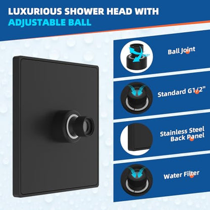 Hibbent cUPC Certified Thickness Metal 6'' Rain Shower Head, Matte Black | High Pressure Shower Head, Bathroom Waterfall Shower Heads, High Flow Fixed Showerheads with Adjustable Brass Ball Joint - color: Matte Black, style: Square 6''