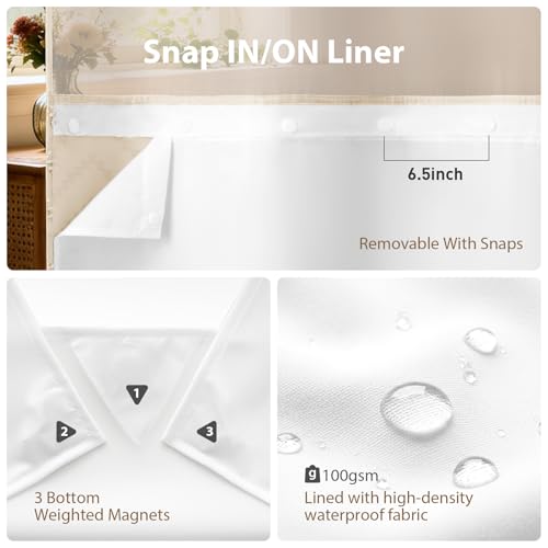 Beige Hook Free Chevron Shower Curtain & Fabric Liner,72x75 | Less Time to install, 3 in 1 Fabric Shower Curtain and Liner Set with Magnets, Mesh Top Window, Shower Curtains for Bathroom - color: Beige, size: 72"W x 75"L (Pack of 1)