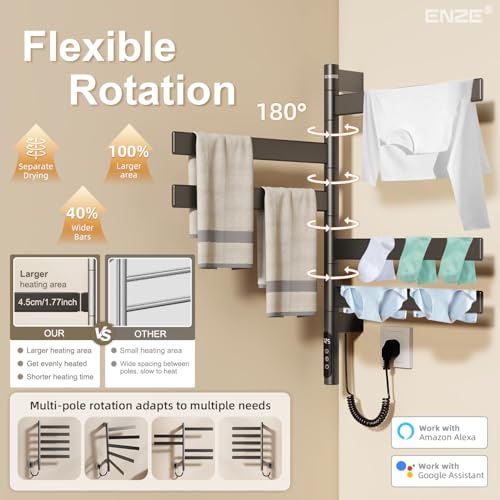 Smart Rotating Heated Towel Rack, 5-Bar Wall-Mounted, Gray | Electric Towel Warmer for Bathroom, Swivel Bars, Wi-Fi App Control, 1-24H Timer, 115-155°F, 120W, IPX5, Plug-In or Hardwired - color: Gray 17.72"x26.77"