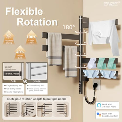 Smart Rotating Heated Towel Rack, 5-Bar Wall-Mounted, Gray | Electric Towel Warmer for Bathroom, Swivel Bars, Wi-Fi App Control, 1-24H Timer, 115-155°F, 120W, IPX5, Plug-In or Hardwired - color: Gray 17.72"x26.77"