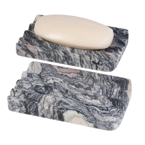 2 Pcs Soap Holder for Bathroom, Marble Soap Dish for Kitchen Countertop, Soap Tray with Creative Wavy Design, Saver for Bath Tub, Sponges, Italian Natural Stone(Rosso Luana) - color: Rosso Luana