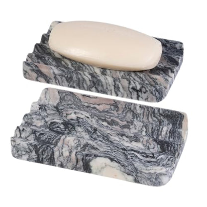 2 Pcs Soap Holder for Bathroom, Marble Soap Dish for Kitchen Countertop, Soap Tray with Creative Wavy Design, Saver for Bath Tub, Sponges, Italian Natural Stone(Rosso Luana) - color: Rosso Luana