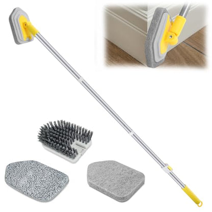 Lalafancy Baseboard Cleaner Tool with Handle 3 Reusable Cleaning Brush Pads | 52" Shower Wall Cleaner Scrubber Baseboard Duster for Bathroom Wall Floor Skirting Bathtub Window Scrubbing