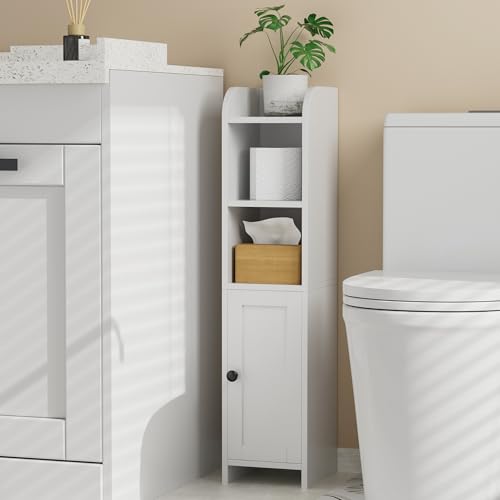 Homhedy Small Bathroom Storage Cabinet, Narrow Toilet Paper Cabinet | Corner Floor Cabinet with Door and Shelves, Slim Bathroom Cabinet for Small Spaces, 7.9" D x 7.1" W x 31" H, White - color: White, size: 7.9"D x 7.1"W x 31"H