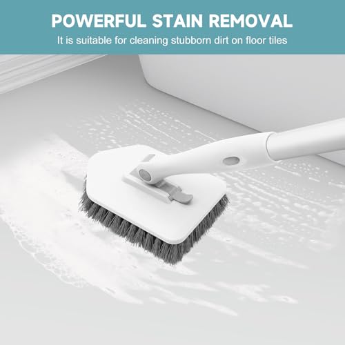 nacena Shower Scrubber with Long Handle, 3 in 1 Tile Tub Scrubber Brush with 3 Detachable Cleaning Heads Adjustable Handle Shower Cleaner Brush for Bathroom, Kitchen, Toilet, Wall, Sink, Grey White