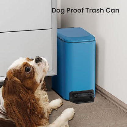Cesun Small Bathroom Trash Can with Lid, 1.6 Gal, Soft Close, Blue | Step pedal soft close, Slim 5.9in fits narrow spaces, Stainless steel, Anti-fingerprint, Removable inner bucket, Odor seal - color: Blue