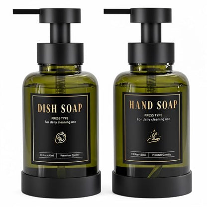 Luxspire Foaming Soap Dispenser 15oz Hand Soap Bottle, Olive Green, 2 Pack | Anti-drip pump, wide mouth easy refill, non-slip silicone base, 7 waterproof labels, bathroom and kitchen sink use - color: Olive Green