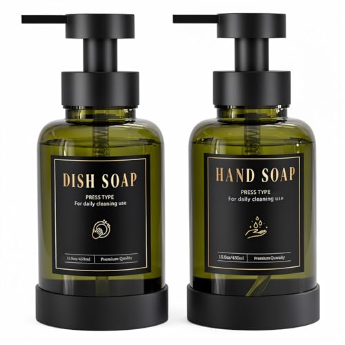 Luxspire Foaming Soap Dispenser 15oz Hand Soap Bottle, Olive Green, 2 Pack | Anti-drip pump, wide mouth easy refill, non-slip silicone base, 7 waterproof labels, bathroom and kitchen sink use - color: Olive Green