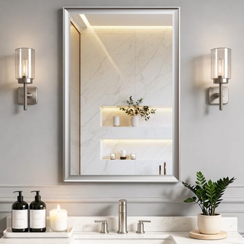 Brushed Nickel Bathroom Mirrors for Over Sink 24x36 Inch | Silver Rectangle Vanity Mirror, Wall Decor for Bedroom, Entryway, Living Room, Aluminum Framed, Curved Wide Edge, Anti-Rust - color: Brushed Nickel, size: 24"L x 36"W