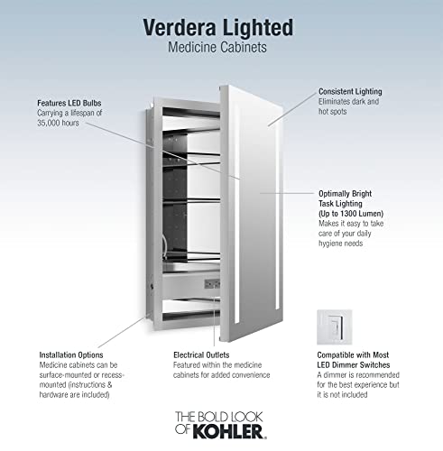 Kohler Verdera 20 in. W x 30 in. H Surface-Mount Lighted Medicine Cabinet - size: 20" W x 30" H, style: Lighted