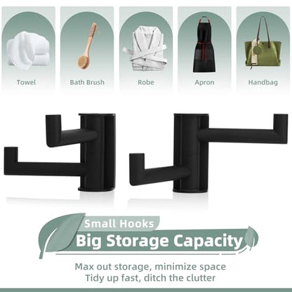 Aomasi Matte Black Rotating Double Towel Hooks 2 Pack, 304 Stainless Steel Swivel Wall Hooks with 2 Arms, Space Saving Towel Hangers for Bathroom Kitchen - color: Matte Black, size: 2 Pack