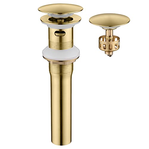 Pop up Sink Drain Stopper with Overflow Brushed Gold for Bathroom Vessel Vanity Sink Art Basin, Big Cap Sink Drain with Overflow, Metal Pop-up Drain Strainer with Detachable Basket Stopper - color: Gold Brushed, style: with overflow