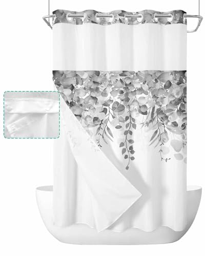 No Hook Shower Curtain and Snap in Liner Set, Gray Eucalyptus Fabric Bathroom Stall Shower Curtains 54x78, See Through Mesh Top Window, Spring Summer Botanical Floral Leaves Country Hotel Style - color: Grey, size: 54"W x 78"L (Pack of 1)