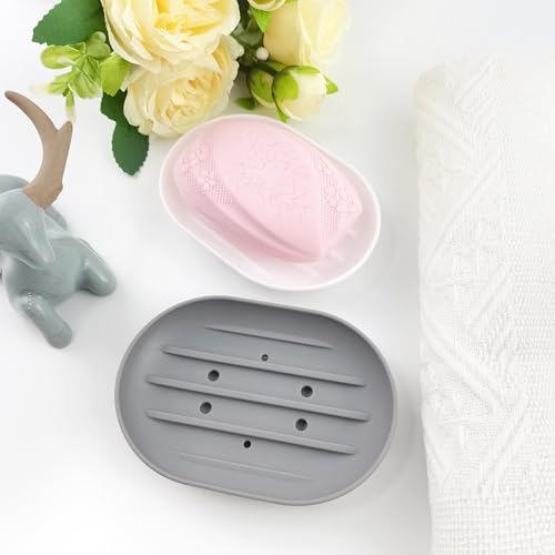BlingKingdom 2 PCS Silicone Soap Dishes, Soap Tray with Drain | Non-Slip, Portable Self Draining Soap Holder for Shower, Bathroom, Kitchen Sink (White and Grey)