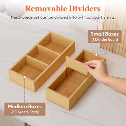 Lifewit Drawer Organizers 5 Pack(11 Grid) with 6 Inserts | Adjustable Bamboo Wooden Trays for Utensils, Silverware, Makeup, Kitchen, Bathroom, Office, Vanity Storage