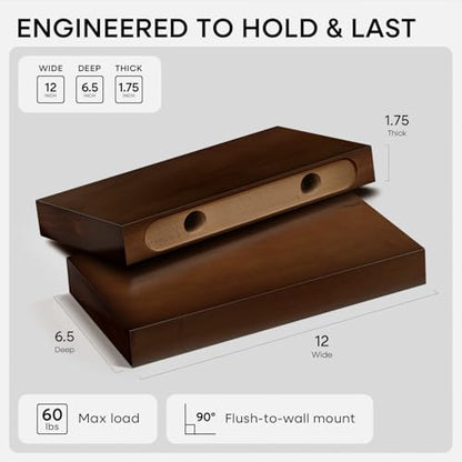 Walnut 12 inch Floating Shelf, High End Solid Real Wood Small 12inch Floating Shelves for Wall Mounted, Dark Brown 12in Floating Shelves, Heavy Duty Bracket, 12 X 6.5 X 1.75 inches, Set of 2 - color: American Walnut - Satin Dark Tone, size: 12 inch