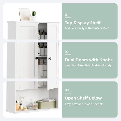 Bathroom Wall Cabinet, 30" x 24" White Painted Finish Wooden Wall Mounted Medicine Cabinet with 3 Level Adjustable Shelf, Over the Toilet Storage Cabinet, Wall Storage Cabinet for Bathroom - size: 24"L x 8"W x 30"H