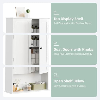 Bathroom Wall Cabinet, 30" x 24" White Painted Finish Wooden Wall Mounted Medicine Cabinet with 3 Level Adjustable Shelf, Over the Toilet Storage Cabinet, Wall Storage Cabinet for Bathroom - size: 24"L x 8"W x 30"H