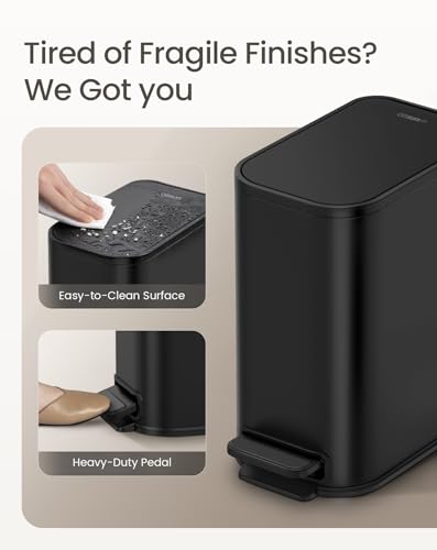 Cesun Small Black Bathroom Trash Can with Lid Soft Close & Pedal, 1.3 Gal | Removable Inner Bucket, Slim Stainless Steel Garbage Can for Bedroom/Office, Included 5 Trash Bags, Hidden Bag, Built to Last - color: Black