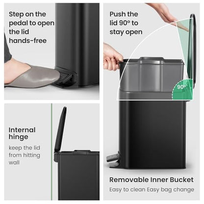 Cesun Small Bathroom Trash Can with Lid, 1.6 Gal, Soft Close, Matte Black | Step pedal soft close, Slim 5.9in fits narrow spaces, Stainless steel, Anti-fingerprint, Removable inner bucket, Odor seal - color: Matte Black