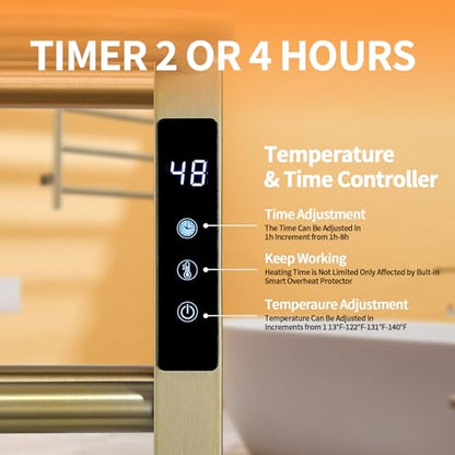 Modern Electric Towel Warmer, Wall Mounted Heated Towel Rack in Brushed Gold, Smart Temperature Control with LED Display