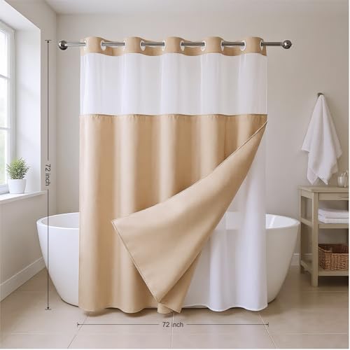 No Hooks Beige Boho Faux Linen Shower Curtain with Snap-in Liner Set, Textured Hotel Luxury Bathroom Curtain with See Through Top Window, Waterproof & Washable, 72x72 inches - color: Beige, size: 72"W x 72"L (Pack of 1), style: No Hooks