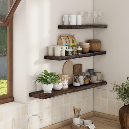 24 inch Floating Shelves for Wall Live Edge, Walnut, 2PCs | 8'' D Rustic Solid Elm Wood, Wall Mounted, Wall Shelves, Invisible Bracket, Living Room Bedroom Kitchen - color: Walnut Live Edge, size: 24x8x1.4in, Set of 2
