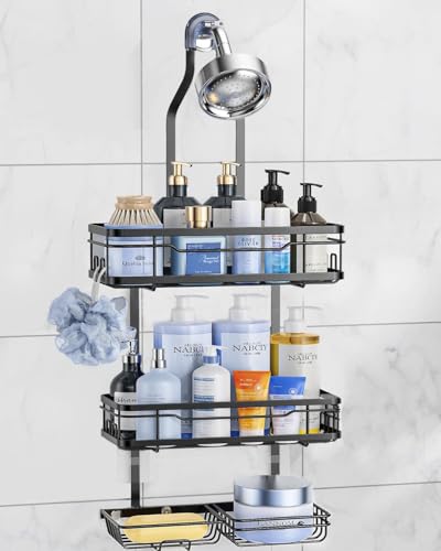 OMAIRA Shower Caddy Hanging Over the Shower Head - Rustproof Shower Organizer Hanging with Soap Scrub Holder, Non-Slip Stainless Steel Bathroom Storage Rack & Shelves, No Drilling, Black - color: Black