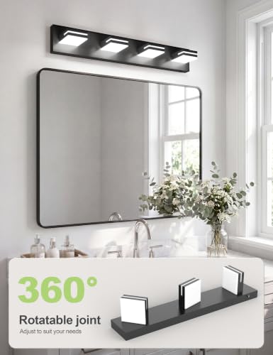VOLISUN Modern 30-Inch Black Bathroom Vanity Light Fixtures, 4-Light, Cool White LED, Wall Mount, Touch Control - color: Matte Black-6000K, size: 30-Inch