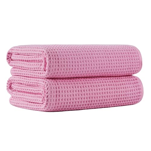 MICROFI New Microfiber Waffle Bath Towels, 2 Pieces, Oversized, Soft, Absorbent, Fast Drying, Lint Free 430 GSM (30''x60''/76cm x 152cm) - color: Pink