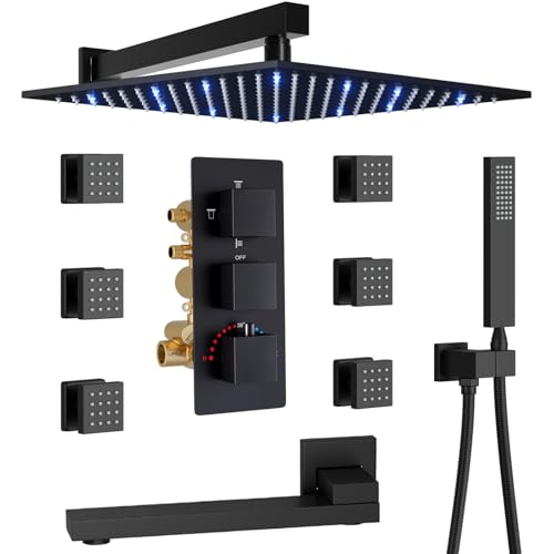 Black Tub Shower Faucet Set 4 Functions Thermostatic Shower System | with Tub Spout, Wall Mounted 12 inch Shower Head, 6 Body Jet, Handheld Spray - color: Black, size: 12" Wall Shower