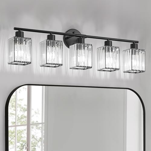 5 Light Bathroom Light Fixtures, Modern Crystal Vanity Lights over Mirror | Metal Frame, Bathroom Light with Square Crystal Shade, ETL Certified, E26 Ceramic Socket, Bulbs Not Included - color: Black, size: 5-Light