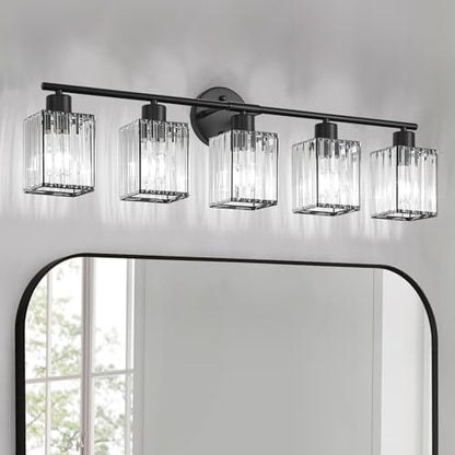5 Light Bathroom Light Fixtures, Modern Crystal Vanity Lights over Mirror | Metal Frame, Bathroom Light with Square Crystal Shade, ETL Certified, E26 Ceramic Socket, Bulbs Not Included - color: Black, size: 5-Light