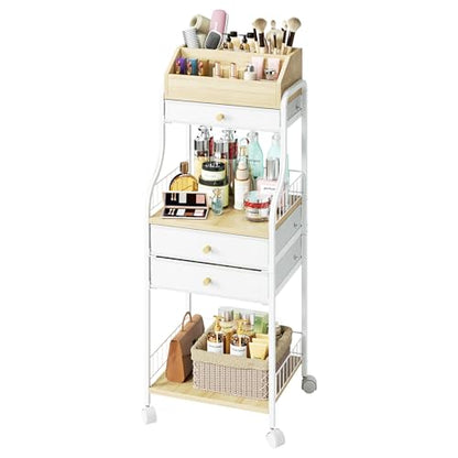 SWTYMIKI Rolling Makeup Organizer Cart - Floor Skincare Storage with Non-woven Drawers, Vanity Organizer Cosmetic Display Cases with Wheels, Cabinet for Skin Care Perfume Nail Polish Brush Hair Tool