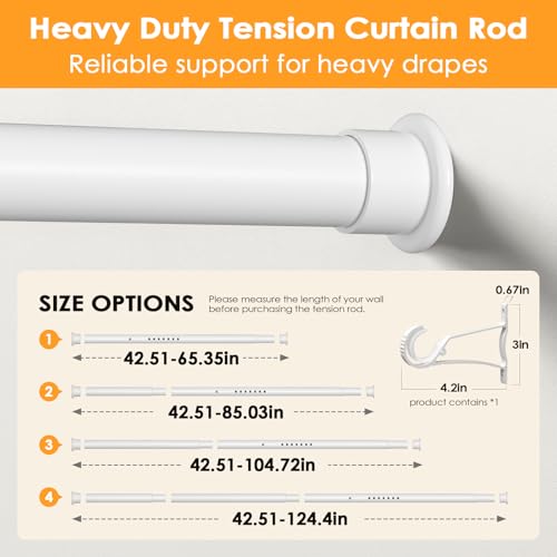 Tension Curtain Rod 43-124 Inches Extra Long White Heavy Duty | Tension Rods Adjustable Curtain Rod No Drilling Spring Loaded Tension Rod for Windows Patio Curtains and Non Slip - color: White, size: 43 to 124 inches
