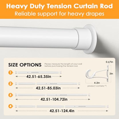 Tension Curtain Rod 43-124 Inches Extra Long White Heavy Duty | Tension Rods Adjustable Curtain Rod No Drilling Spring Loaded Tension Rod for Windows Patio Curtains and Non Slip - color: White, size: 43 to 124 inches