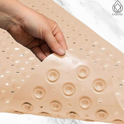 ENKOSI Non-Slip Bath & Shower Mat 40x16 Extra Long, Suction & Drain Holes | Beige color; Durable PVC; 40x16 in, Beige - color: Beige Opaque